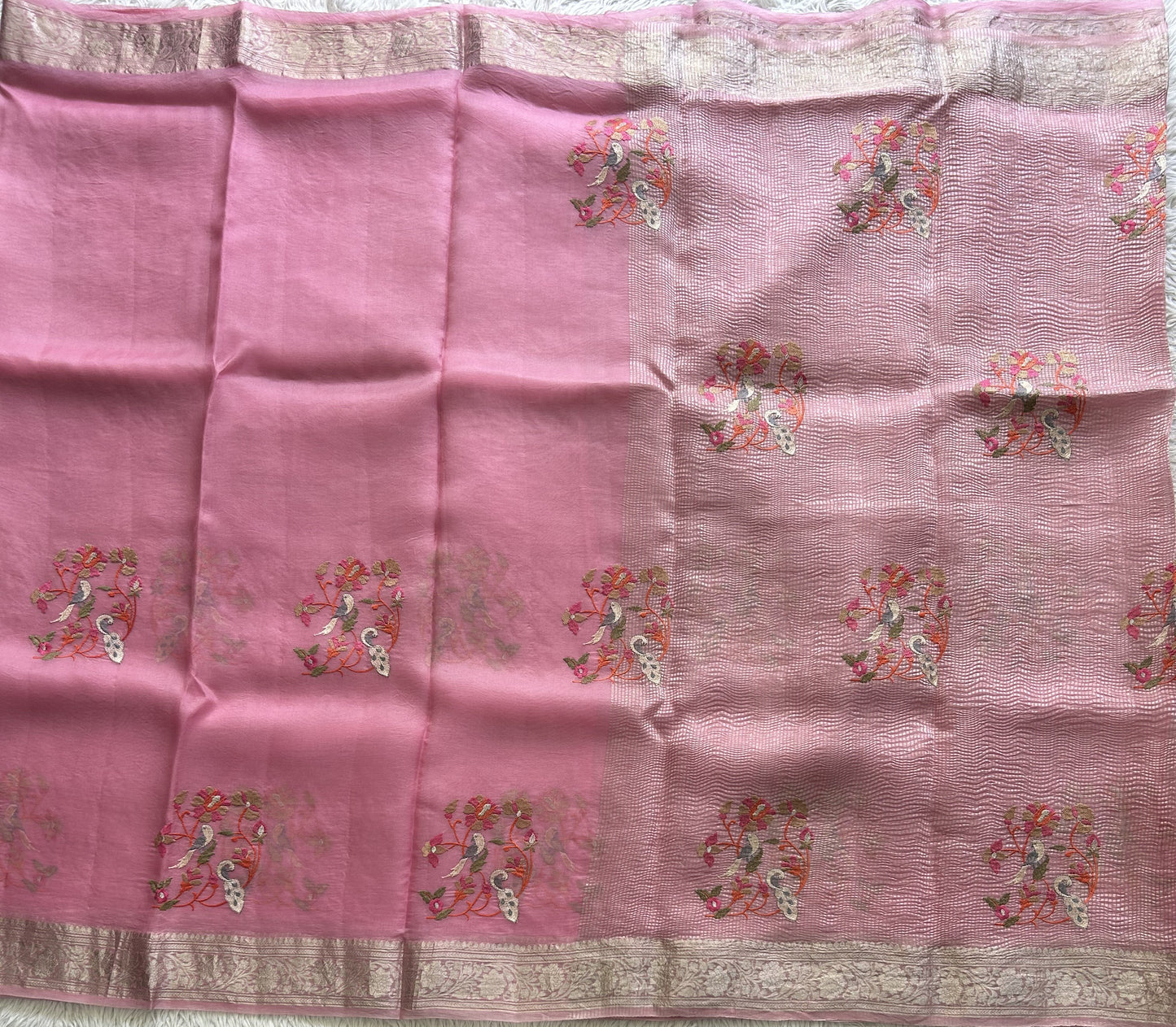 Banarasi Fancy Crushed Saree Baker Miller Pink Colored Complemented with a Silver Zari Border. - Sampradaya Designer Studio