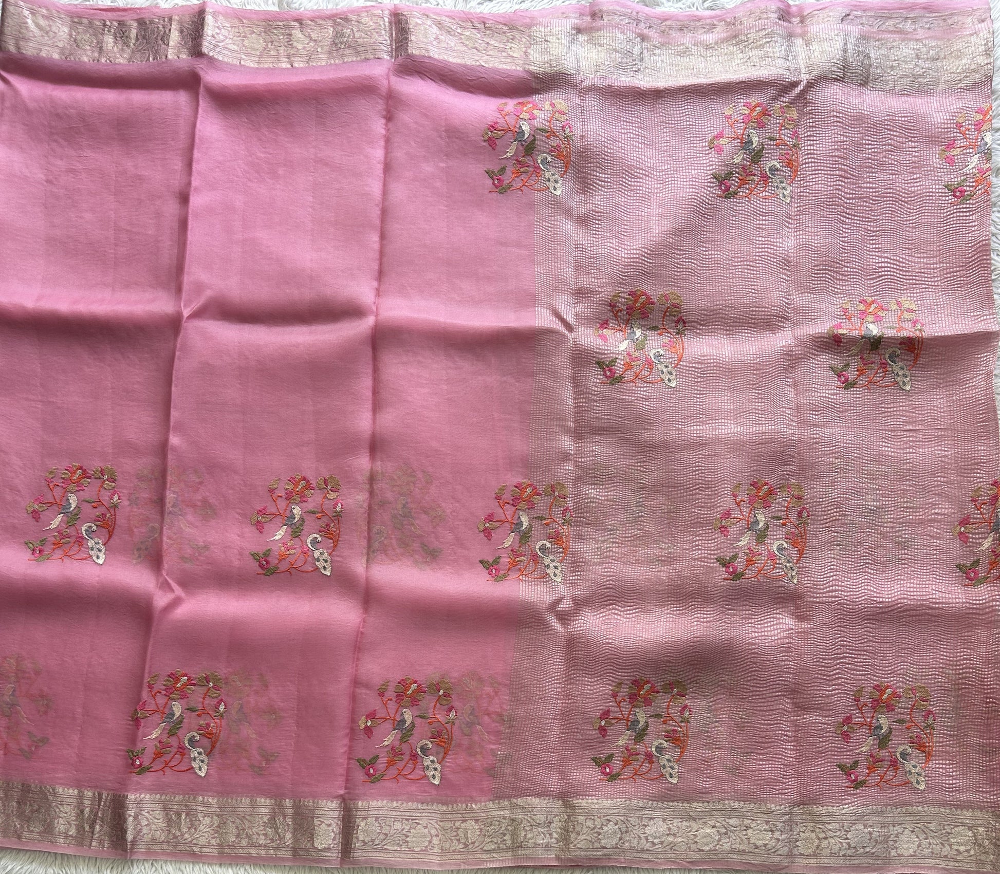 Banarasi Fancy Crushed Saree Baker Miller Pink Colored Complemented with a Silver Zari Border. - Sampradaya Designer Studio