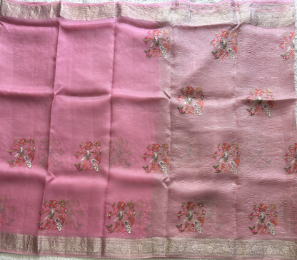 Banarasi Fancy Crushed Saree Baker Miller Pink Colored Complemented with a Silver Zari Border. - Sampradaya Designer Studio