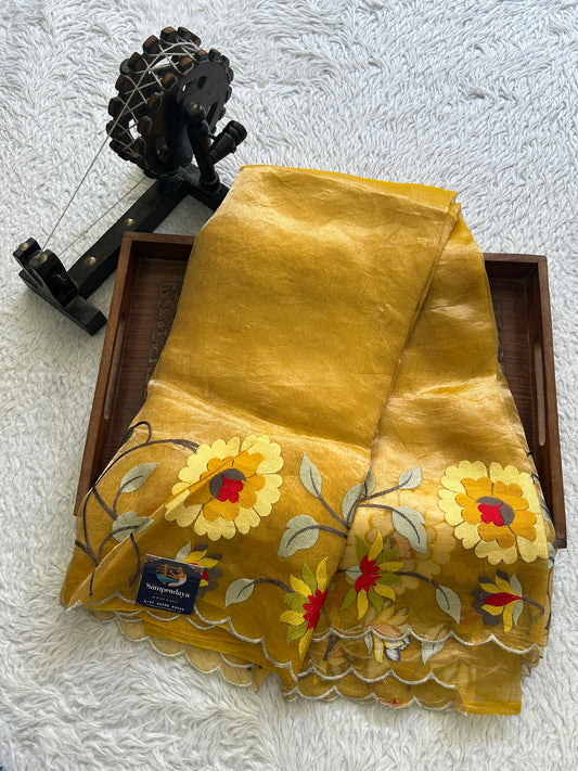 Banarasi Kora Saree Honey Yellow Colored Complemented with a Machine Embroidered Border.