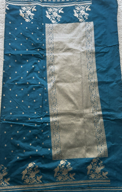 Semi Raw Silk Saree Peacock Blue Colored Elegantly Paired with a Buti Border. - Sampradaya Designer Studio