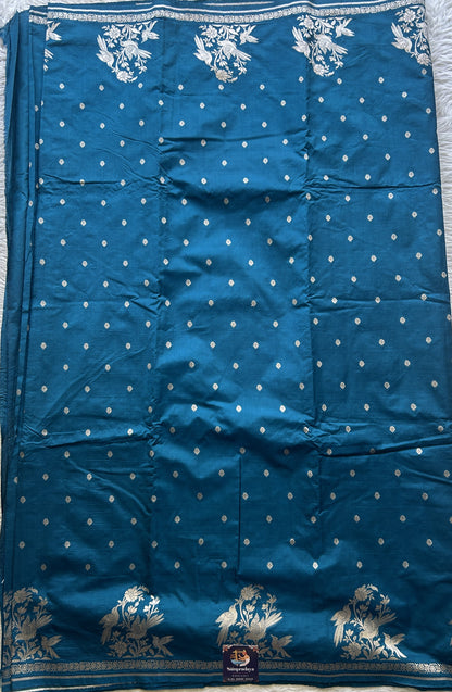 Semi Raw Silk Saree Peacock Blue Colored Elegantly Paired with a Buti Border. - Sampradaya Designer Studio