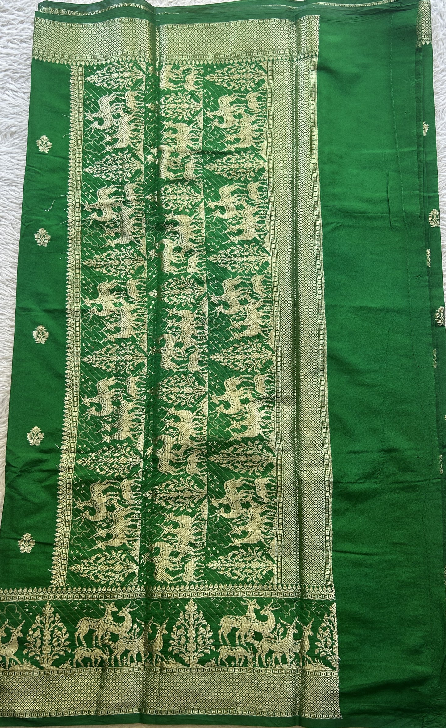 Semi Raw Silk Saree Dark Forest Green Colored Elegantly Paired with a Zari Border. - Sampradaya Designer Studio