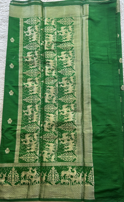 Semi Raw Silk Saree Dark Forest Green Colored Elegantly Paired with a Zari Border. - Sampradaya Designer Studio