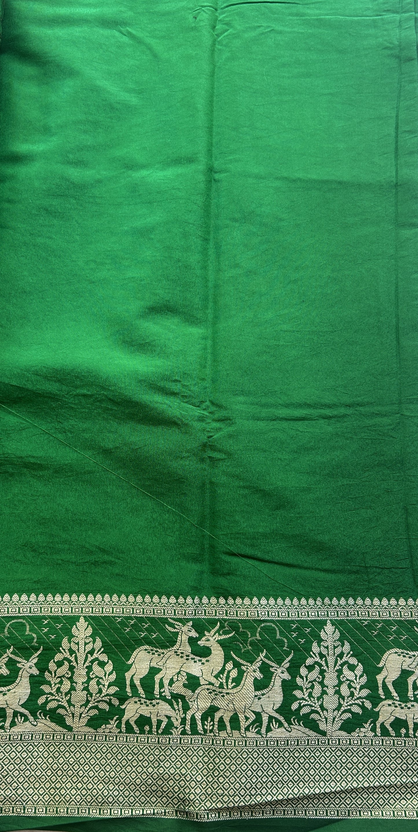 Semi Raw Silk Saree Dark Forest Green Colored Elegantly Paired with a Zari Border. - Sampradaya Designer Studio