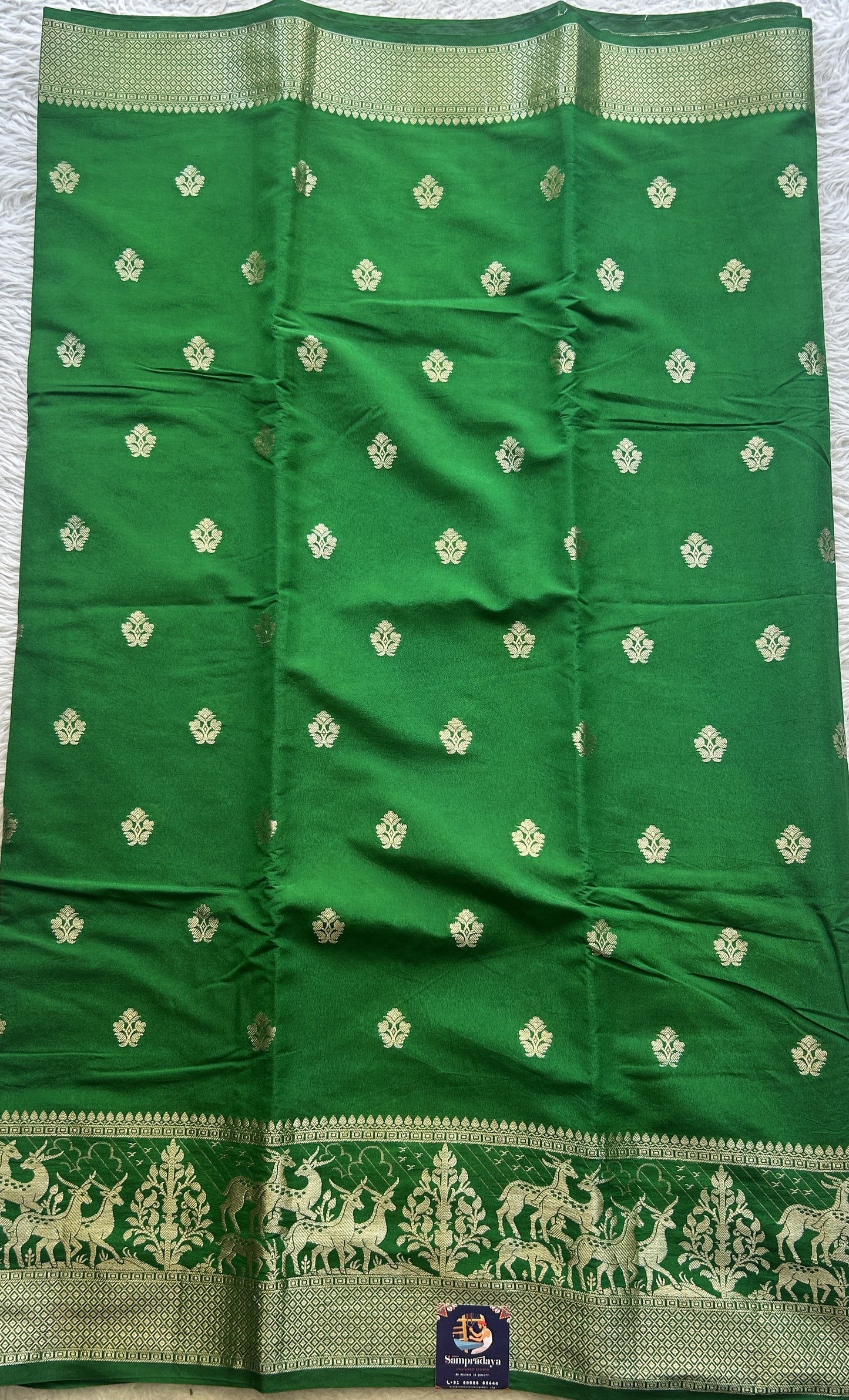 Semi Raw Silk Saree Dark Forest Green Colored Elegantly Paired with a Zari Border. - Sampradaya Designer Studio