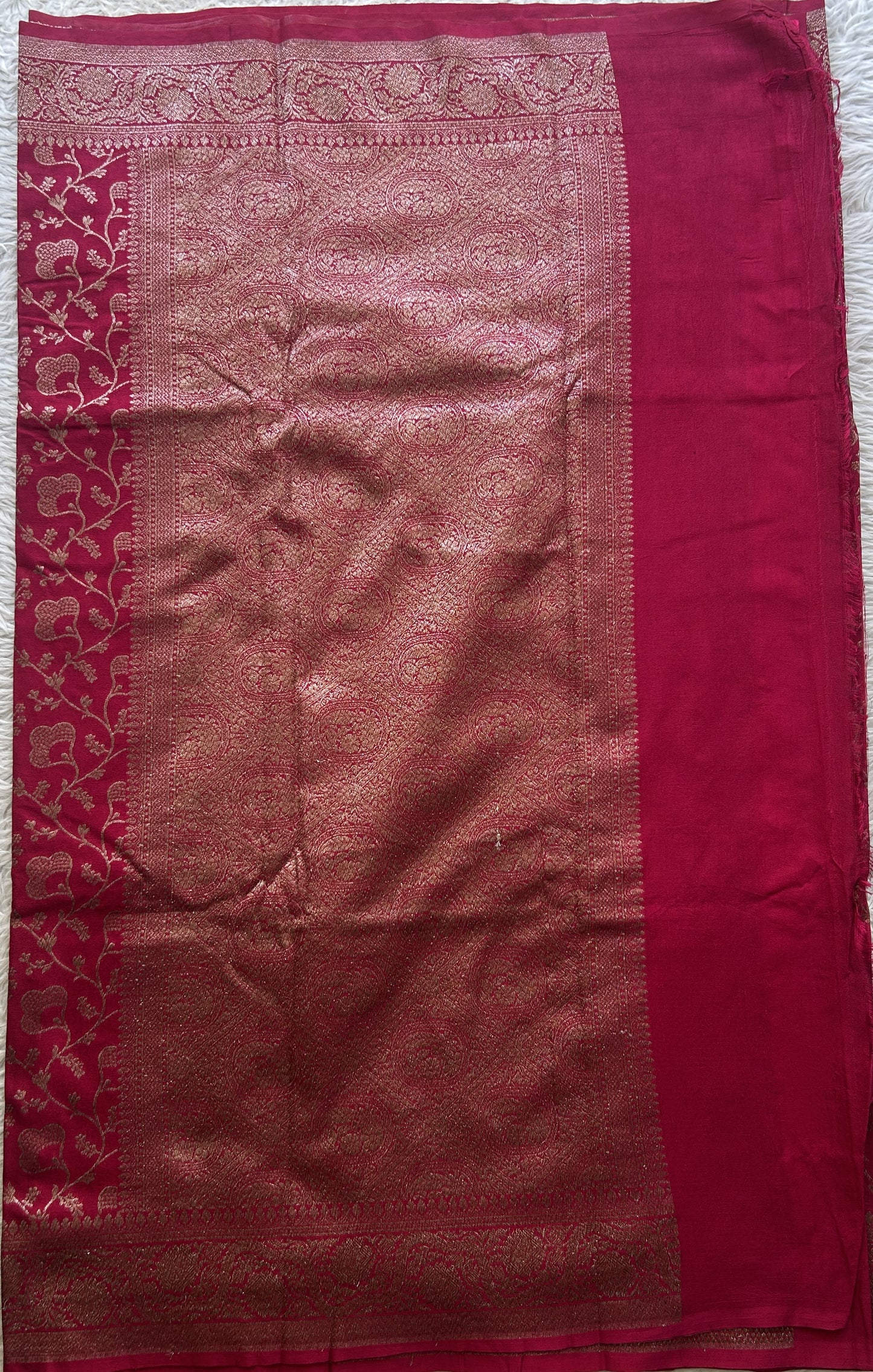 Semi Raw Silk Allover Saree Hot Pink Colored Elegantly Paired with a Zari Border. - Sampradaya Designer Studio