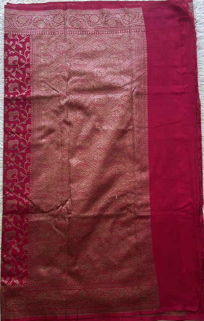 Semi Raw Silk Allover Saree Hot Pink Colored Elegantly Paired with a Zari Border. - Sampradaya Designer Studio