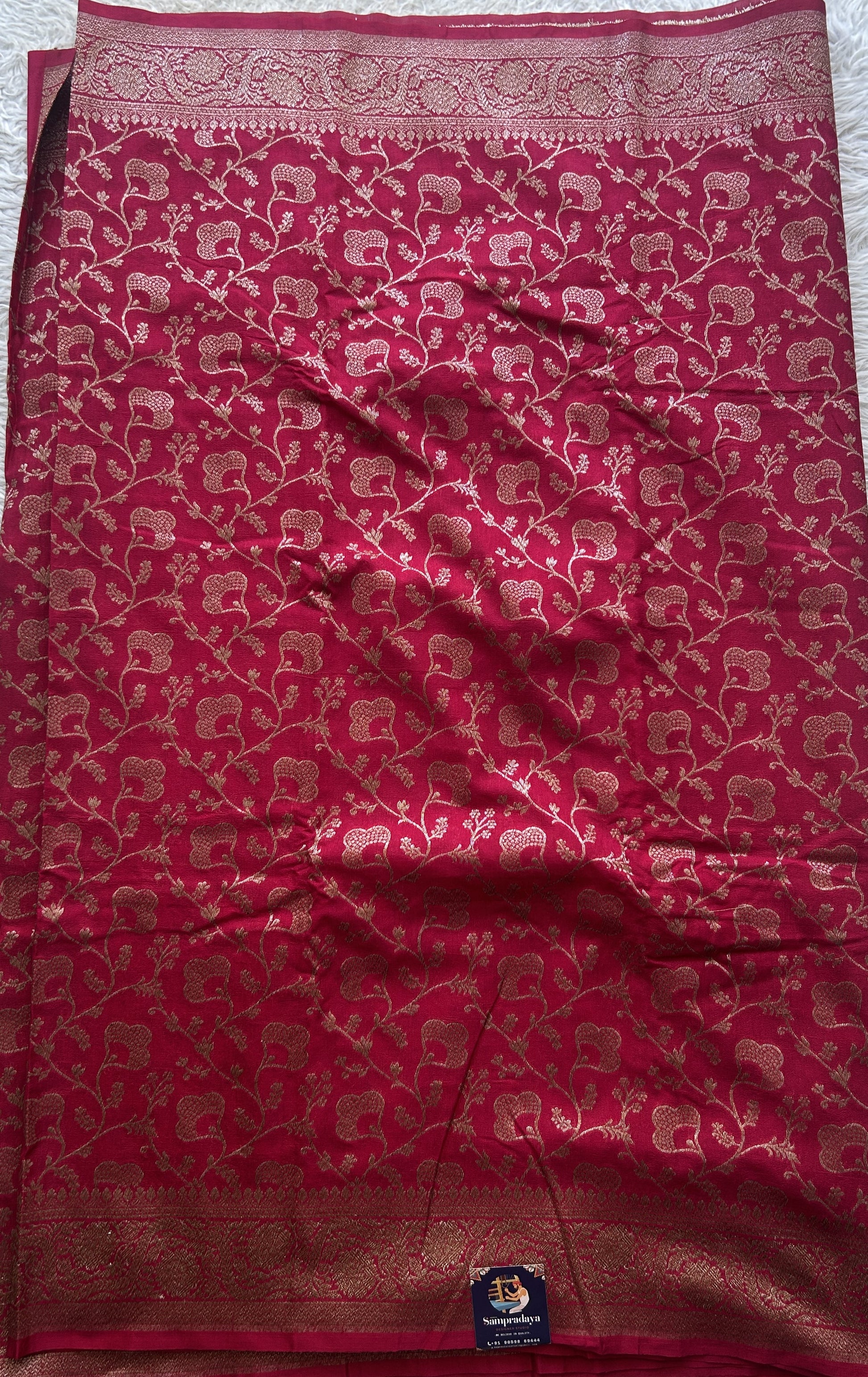 Semi Raw Silk Allover Saree Hot Pink Colored Elegantly Paired with a Zari Border. - Sampradaya Designer Studio