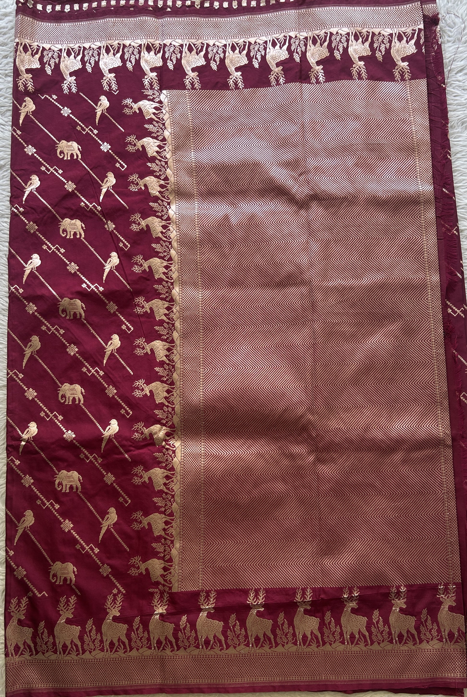 Semi Raw Silk Saree Deep Burgundy Colored Elegantly Paired with a Zari Border. - Sampradaya Designer Studio