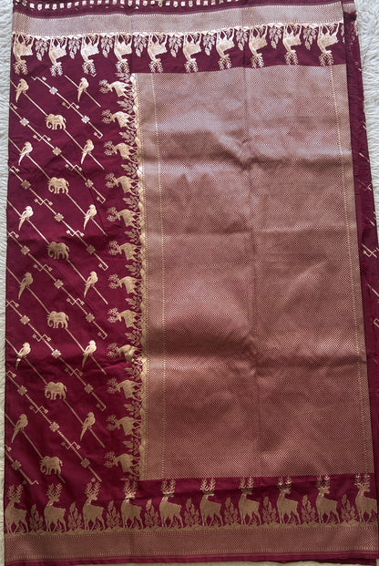 Semi Raw Silk Saree Deep Burgundy Colored Elegantly Paired with a Zari Border. - Sampradaya Designer Studio