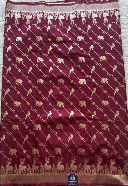 Semi Raw Silk Saree Deep Burgundy Colored Elegantly Paired with a Zari Border. - Sampradaya Designer Studio
