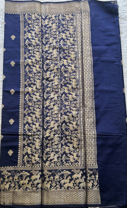 Semi Raw Silk Saree Indigo Blue Colored Elegantly Paired with a Zari Border. - Sampradaya Designer Studio