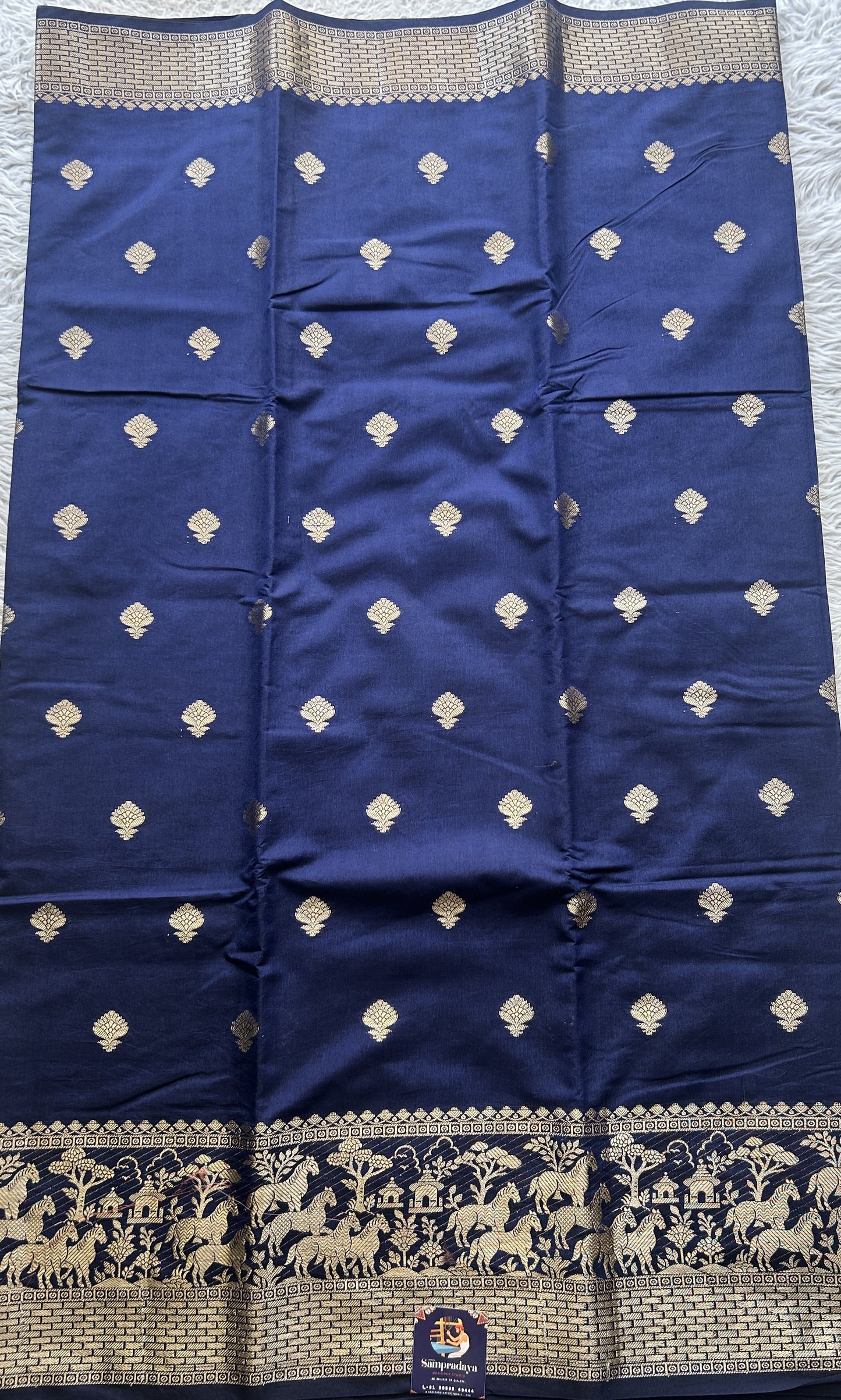 Semi Raw Silk Saree Indigo Blue Colored Elegantly Paired with a Zari Border. - Sampradaya Designer Studio