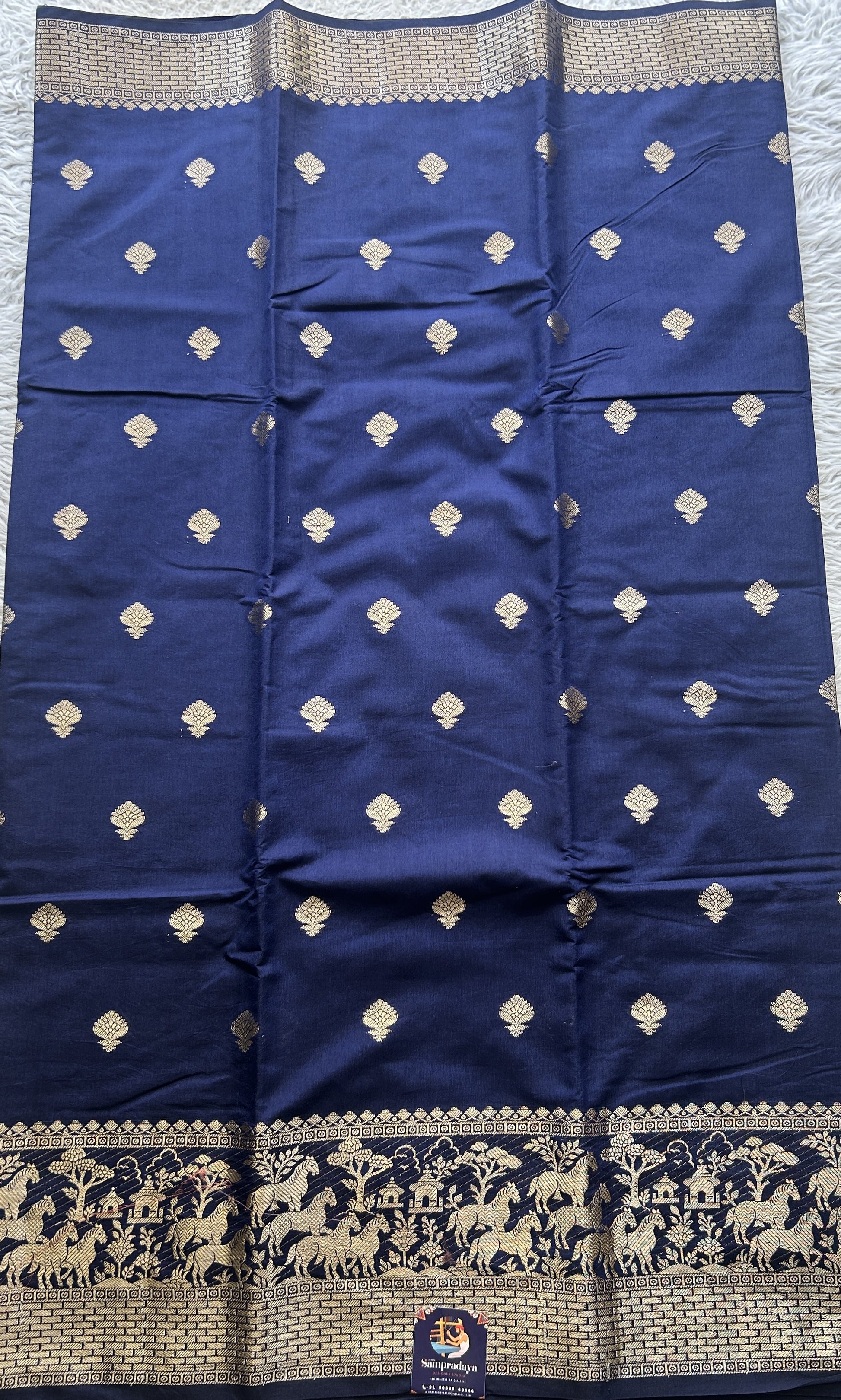 Semi Raw Silk Saree Indigo Blue Colored Elegantly Paired with a Zari Border. - Sampradaya Designer Studio