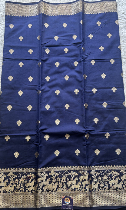 Semi Raw Silk Saree Indigo Blue Colored Elegantly Paired with a Zari Border. - Sampradaya Designer Studio
