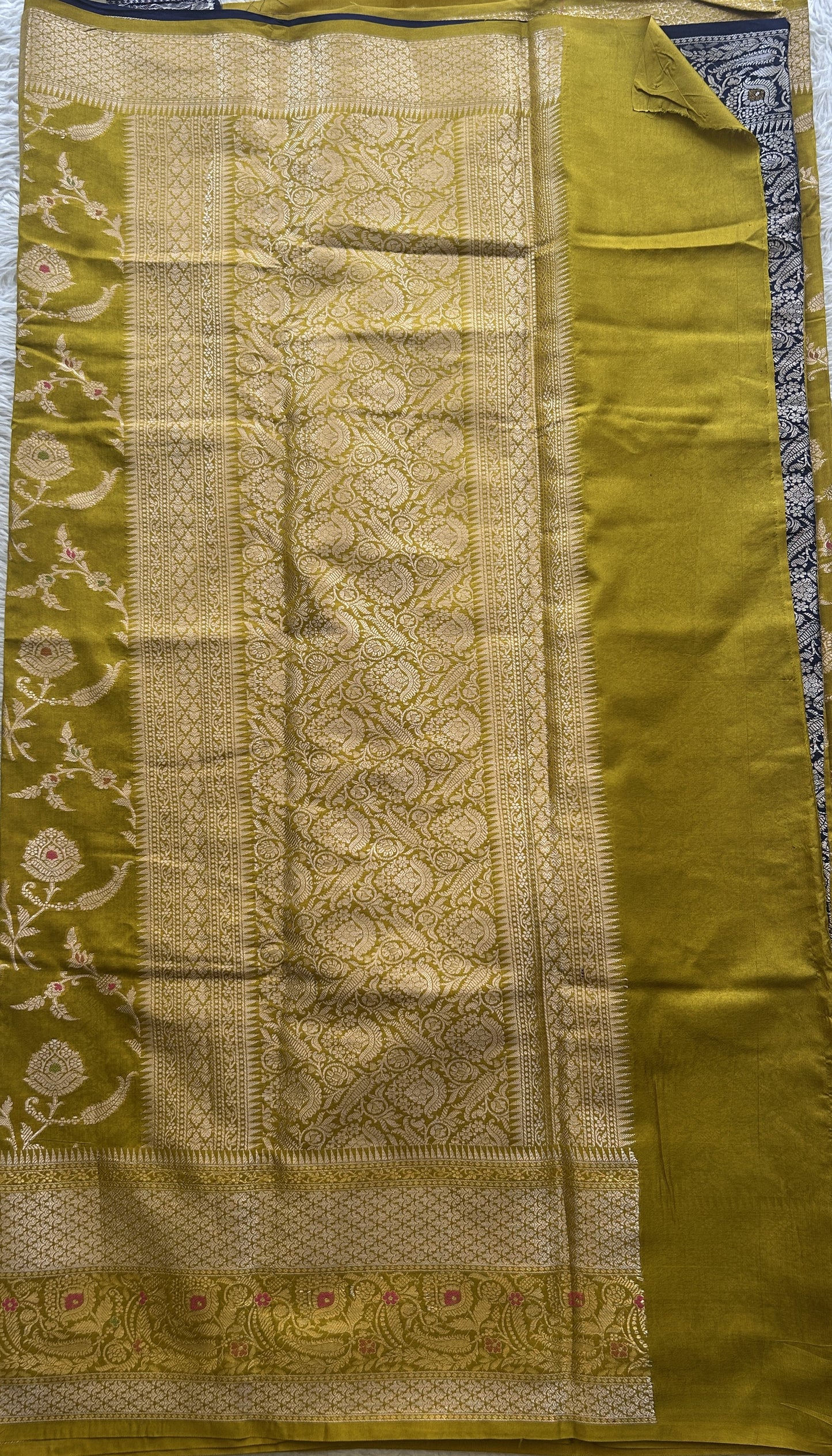 Semi Raw Silk Saree Mustard Colored Elegantly Paired with a Zari Border. - Sampradaya Designer Studio