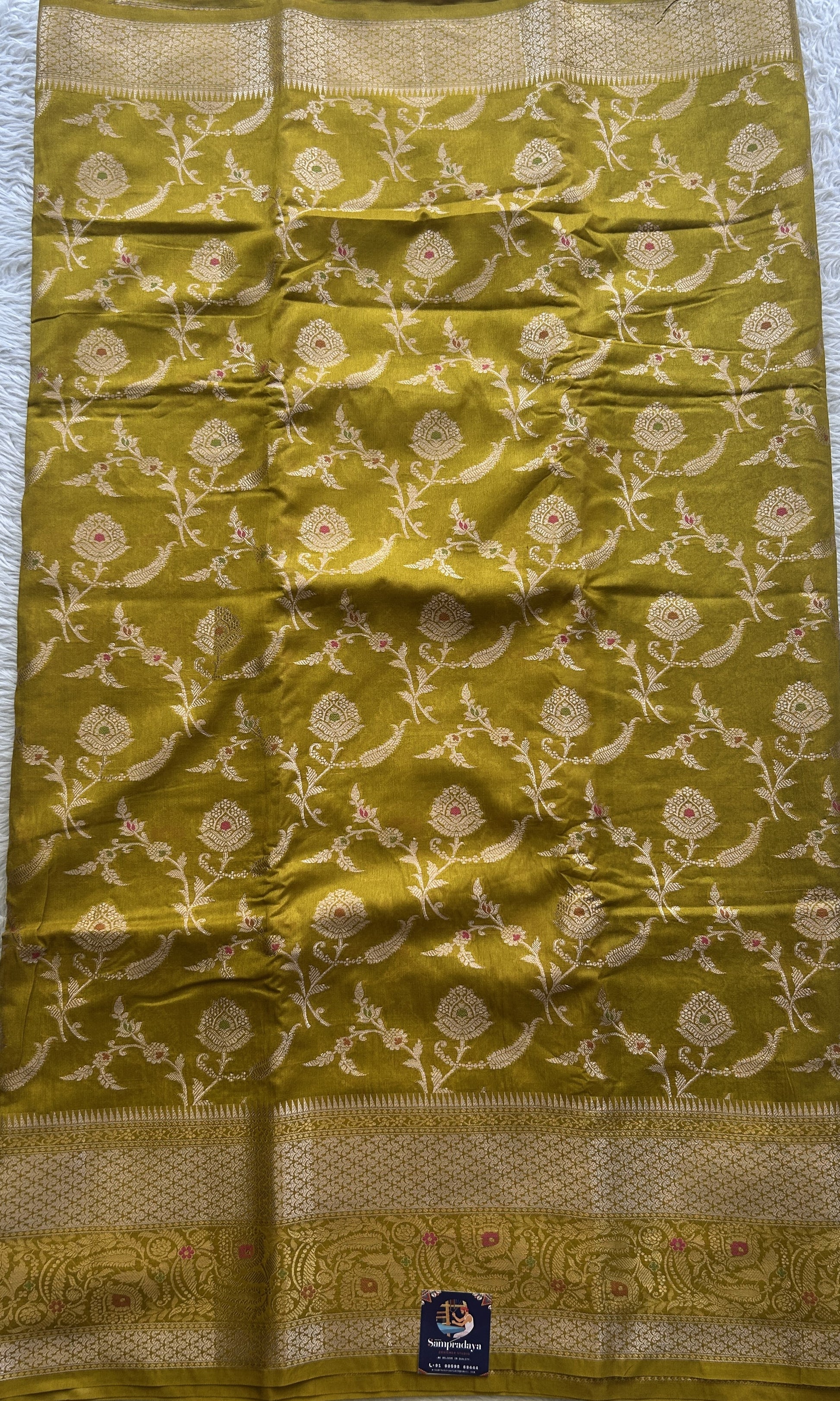 Semi Raw Silk Saree Mustard Colored Elegantly Paired with a Zari Border. - Sampradaya Designer Studio