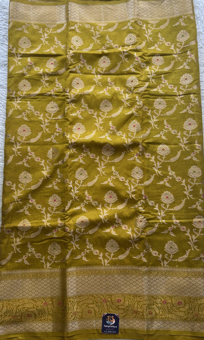 Semi Raw Silk Saree Mustard Colored Elegantly Paired with a Zari Border. - Sampradaya Designer Studio