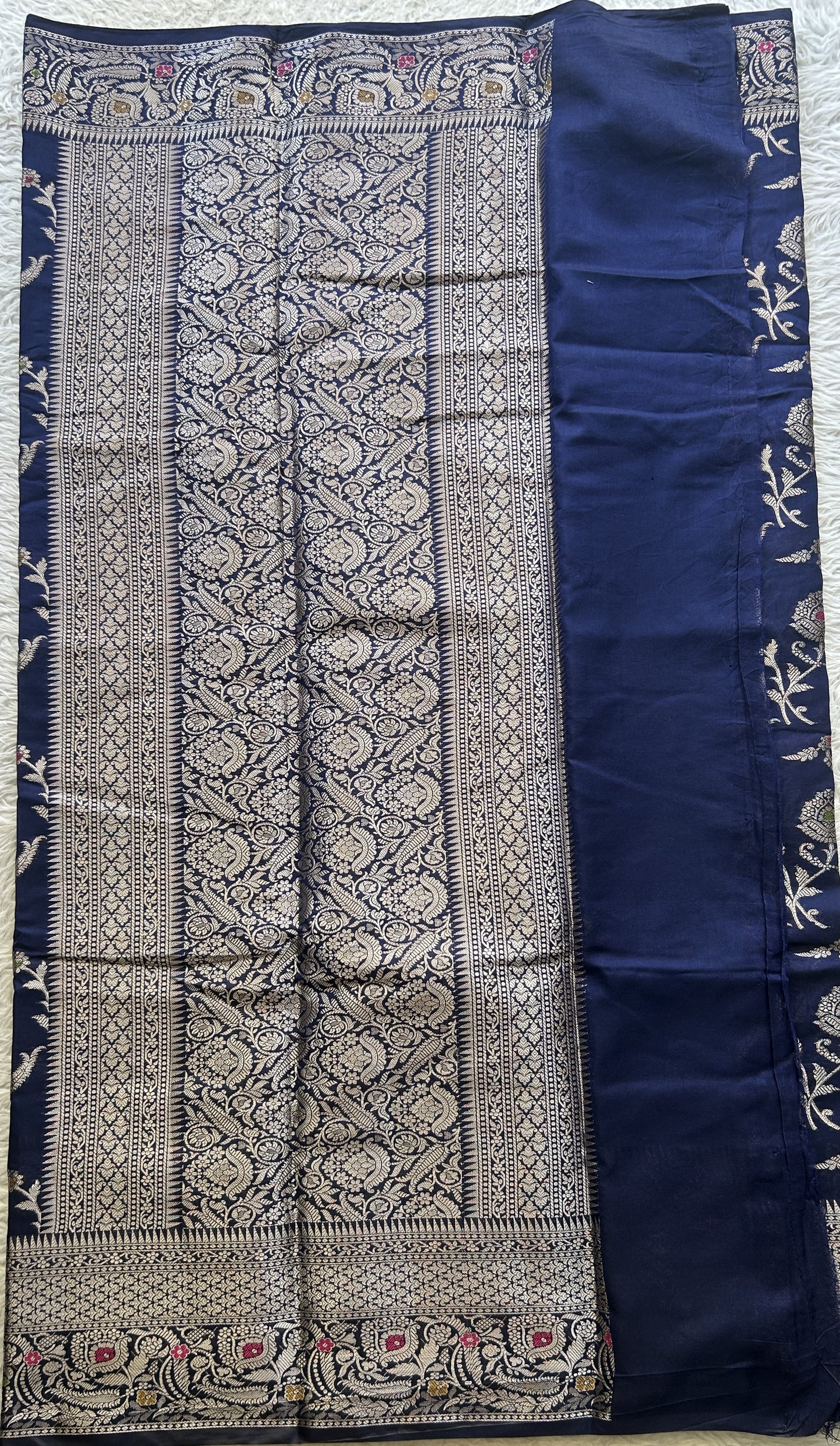 Semi Raw Silk Saree Navy Blue Colored Elegantly Paired with a Zari Border. - Sampradaya Designer Studio