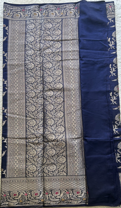 Semi Raw Silk Saree Navy Blue Colored Elegantly Paired with a Zari Border. - Sampradaya Designer Studio