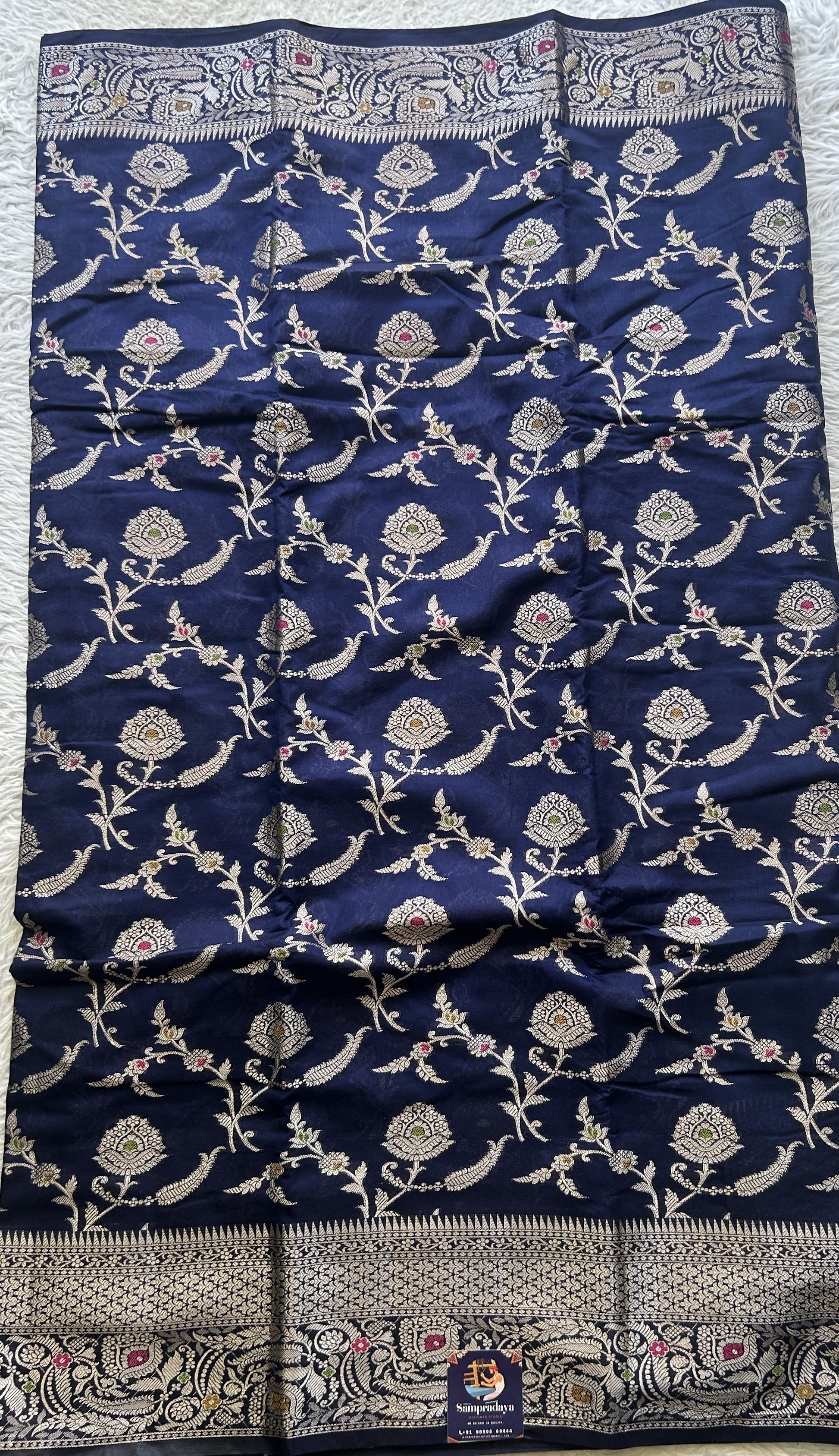 Semi Raw Silk Saree Navy Blue Colored Elegantly Paired with a Zari Border. - Sampradaya Designer Studio