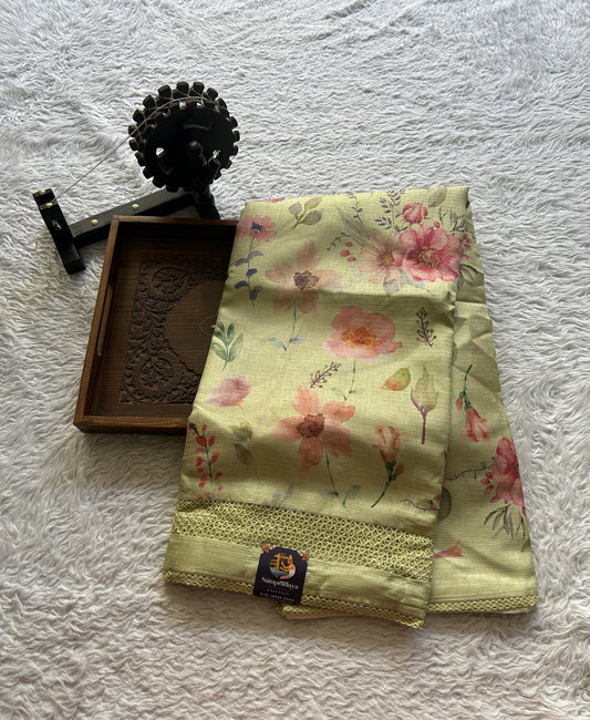 Semi Tussar Saree Lime Colored Elegantly Paired with a Cutwork Border. - Sampradaya Designer Studio