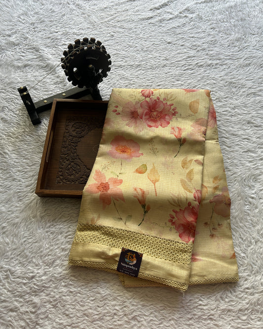 Semi Tussar Saree Light Canary Colored Elegantly Paired with a Cutwork Border. - Sampradaya Designer Studio