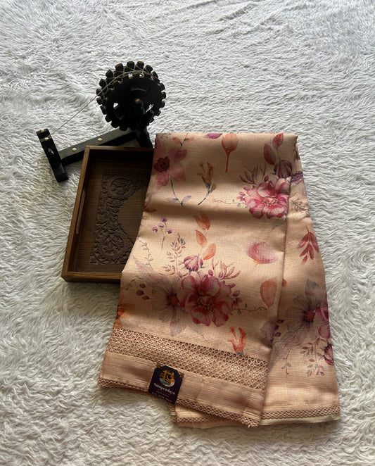 Semi Tussar Saree Light Peach Colored Elegantly Paired with a Cutwork Border. - Sampradaya Designer Studio