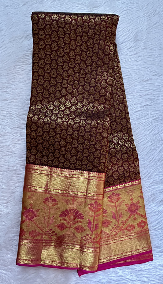 Kanjivaram Bridal Silk Saree Brown colored Saree complemented with a Pink Colored Gold Kanchi border. - Sampradaya Designer Studio