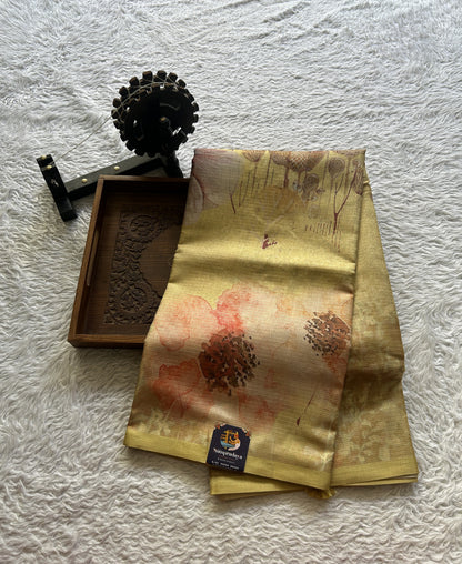 Semi Tussar Saree Light Lemon Colored Elegantly Paired with a Borderless. - Sampradaya Designer Studio