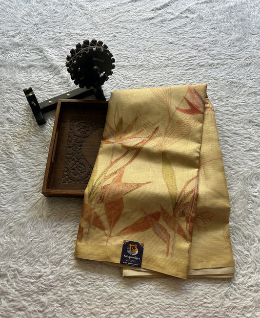 Semi Tussar Saree Light Yellow Colored Elegantly Paired with a Borderless. - Sampradaya Designer Studio