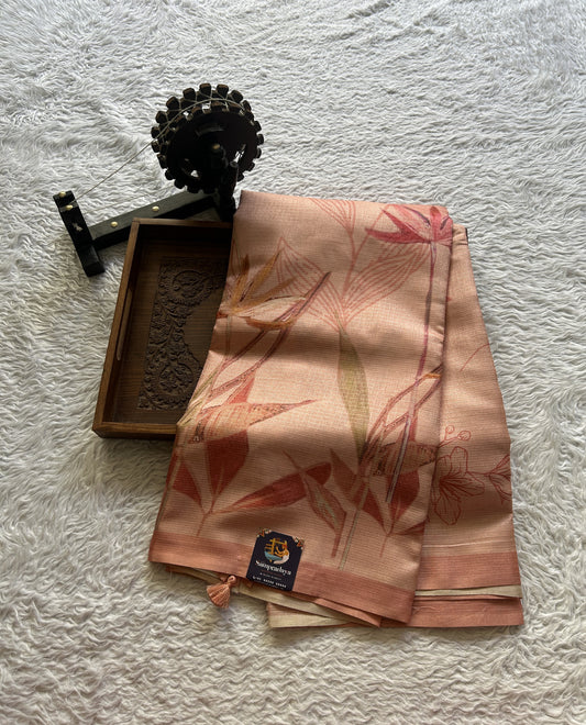 Semi Tussar Saree Coral Colored Elegantly Paired with a Borderless. - Sampradaya Designer Studio