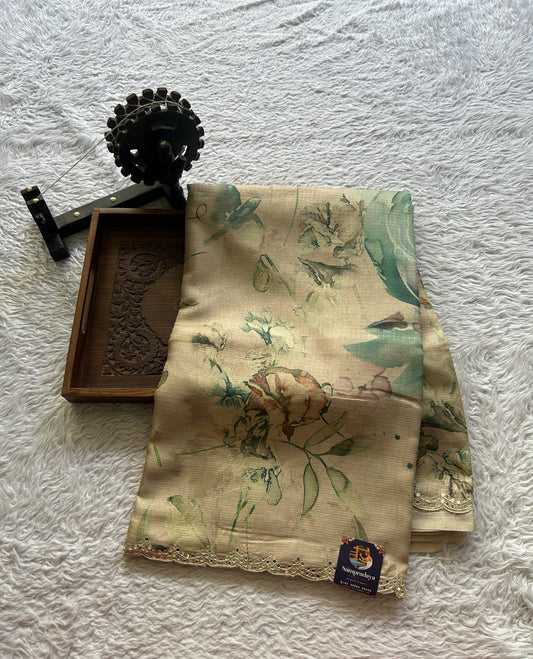 Semi Tussar Saree Beige Colored Elegantly Paired with a Mirror Work Border. - Sampradaya Designer Studio