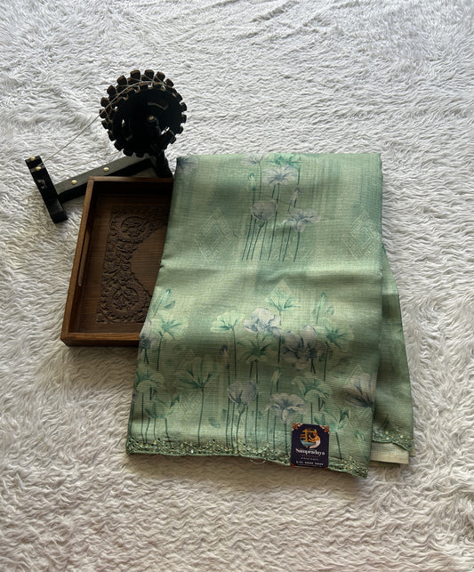 Semi Tussar Saree Sea Green Colored Elegantly Paired with a Mirror Work Border. - Sampradaya Designer Studio