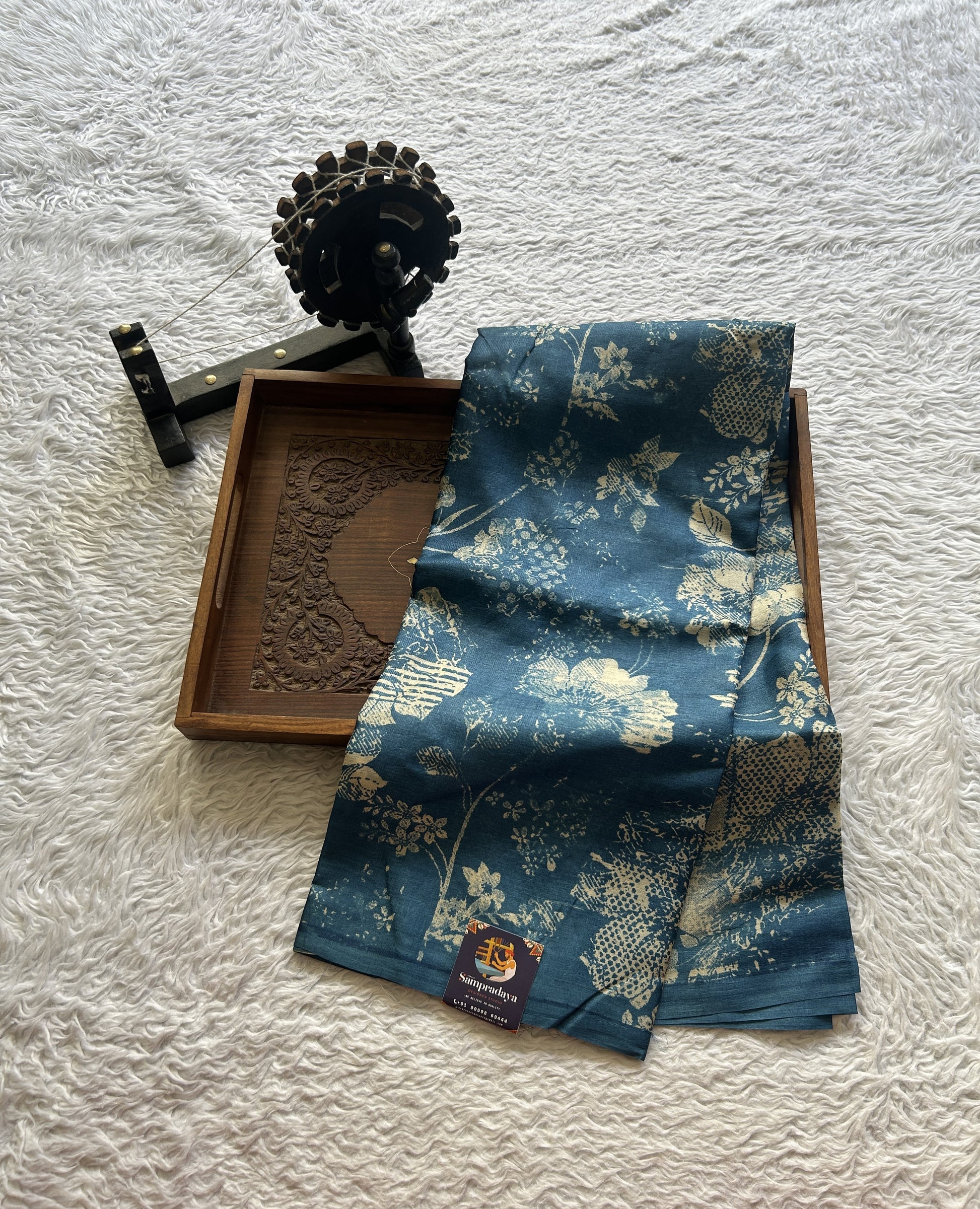 Pure Tussar Silk Saree Dark Teal Blue Color Complemented with a Borderless. - Sampradaya Designer Studio