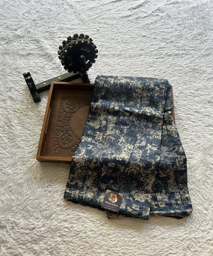 Pure Tussar Silk Saree Prussian Color Complemented with a Borderless. - Sampradaya Designer Studio