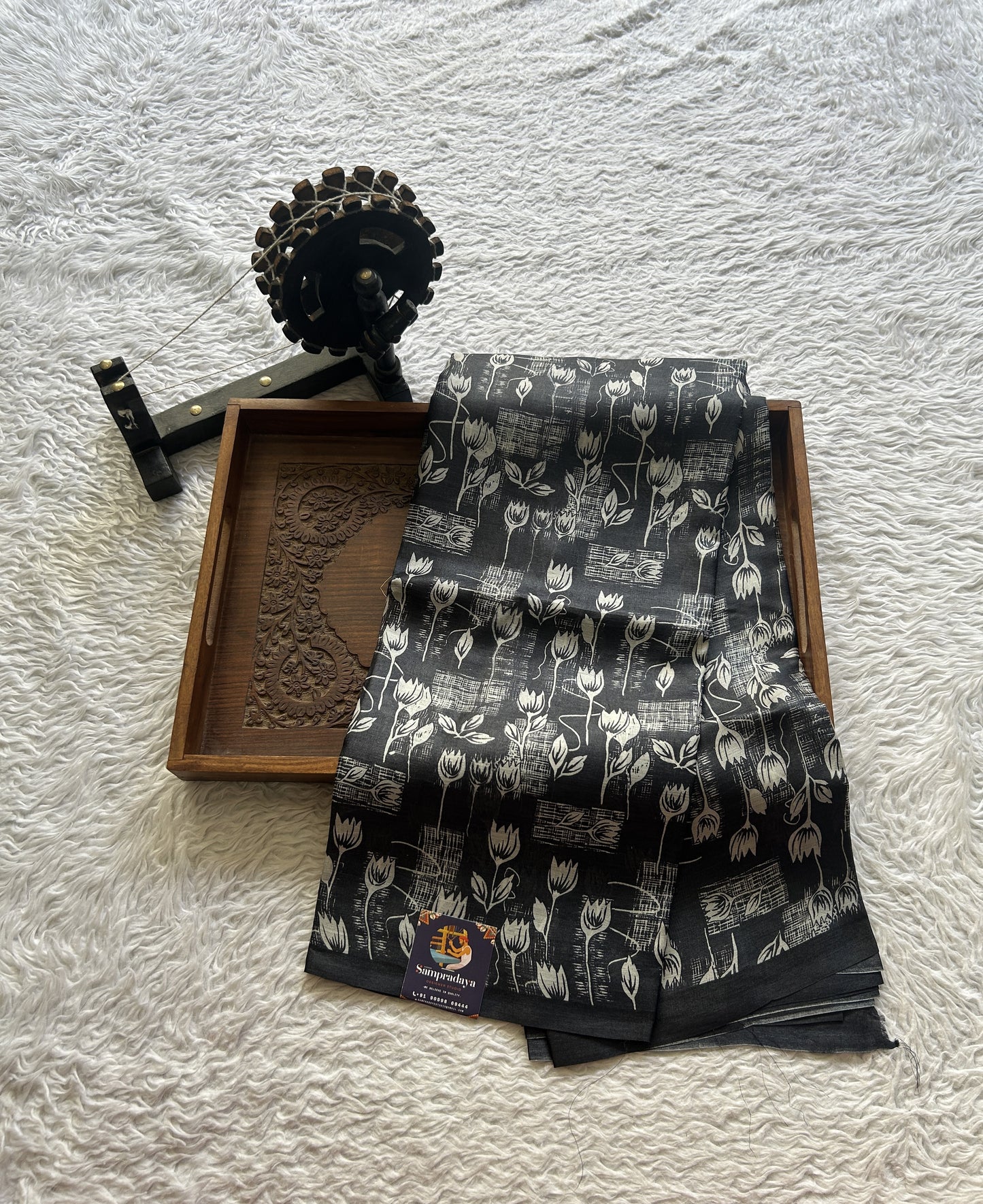 Pure Tussar Silk Saree Black Color Complemented with a Borderless. - Sampradaya Designer Studio