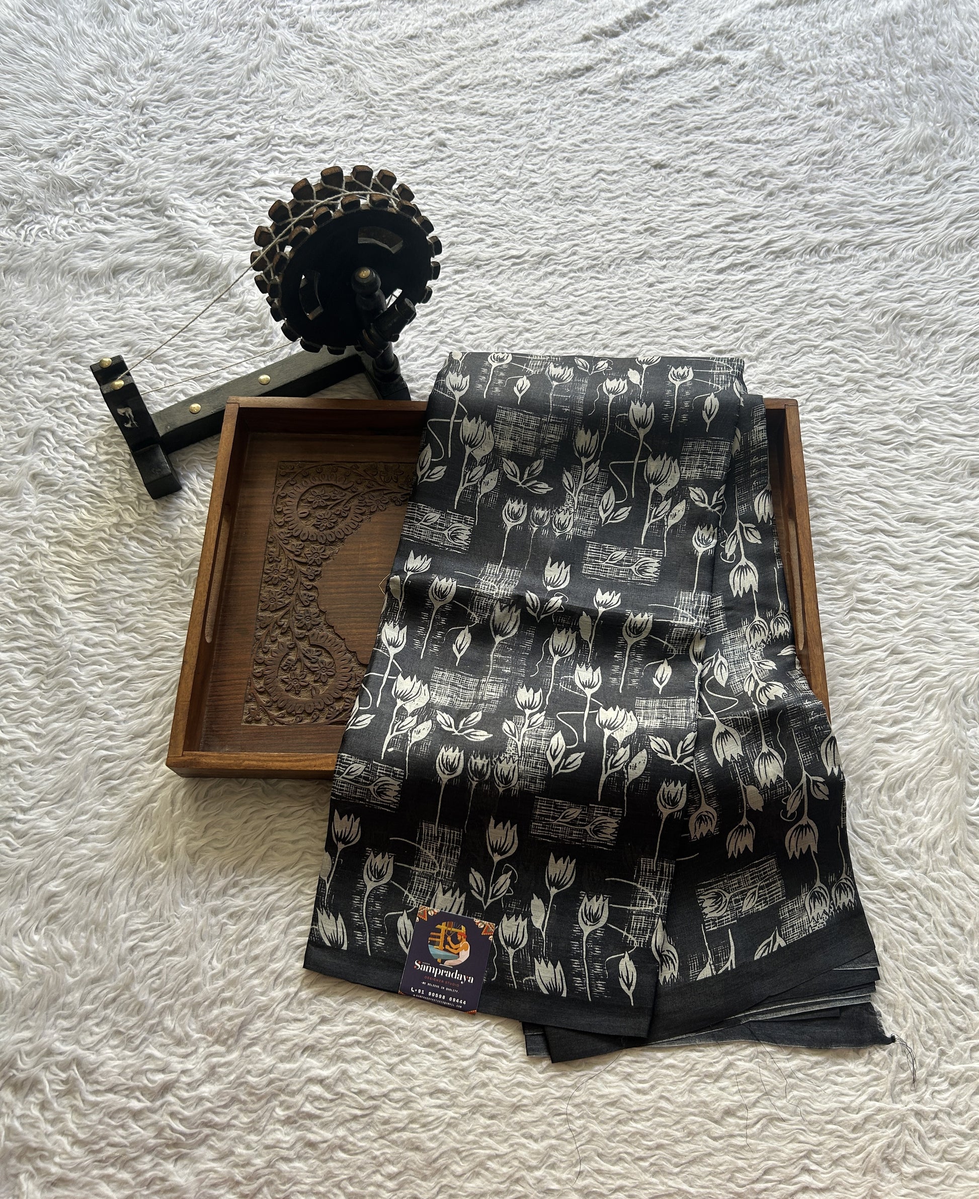 Pure Tussar Silk Saree Black Color Complemented with a Borderless. - Sampradaya Designer Studio