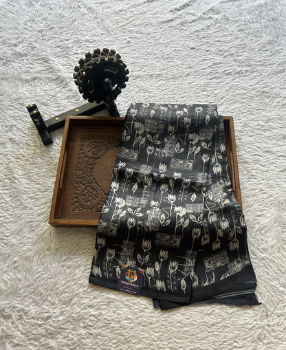 Pure Tussar Silk Saree Black Color Complemented with a Borderless. - Sampradaya Designer Studio