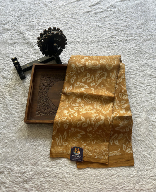Pure Tussar Silk Saree Mustard Color Complemented with a Borderless. - Sampradaya Designer Studio