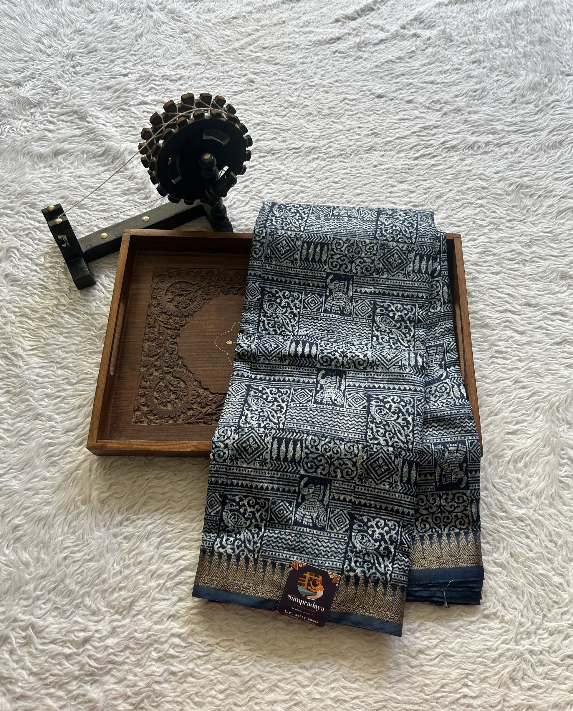 Maheshwari Chanderi Cotton Saree Indigo Colored Elegantly Paired with a Zari Border. - Sampradaya Designer Studio