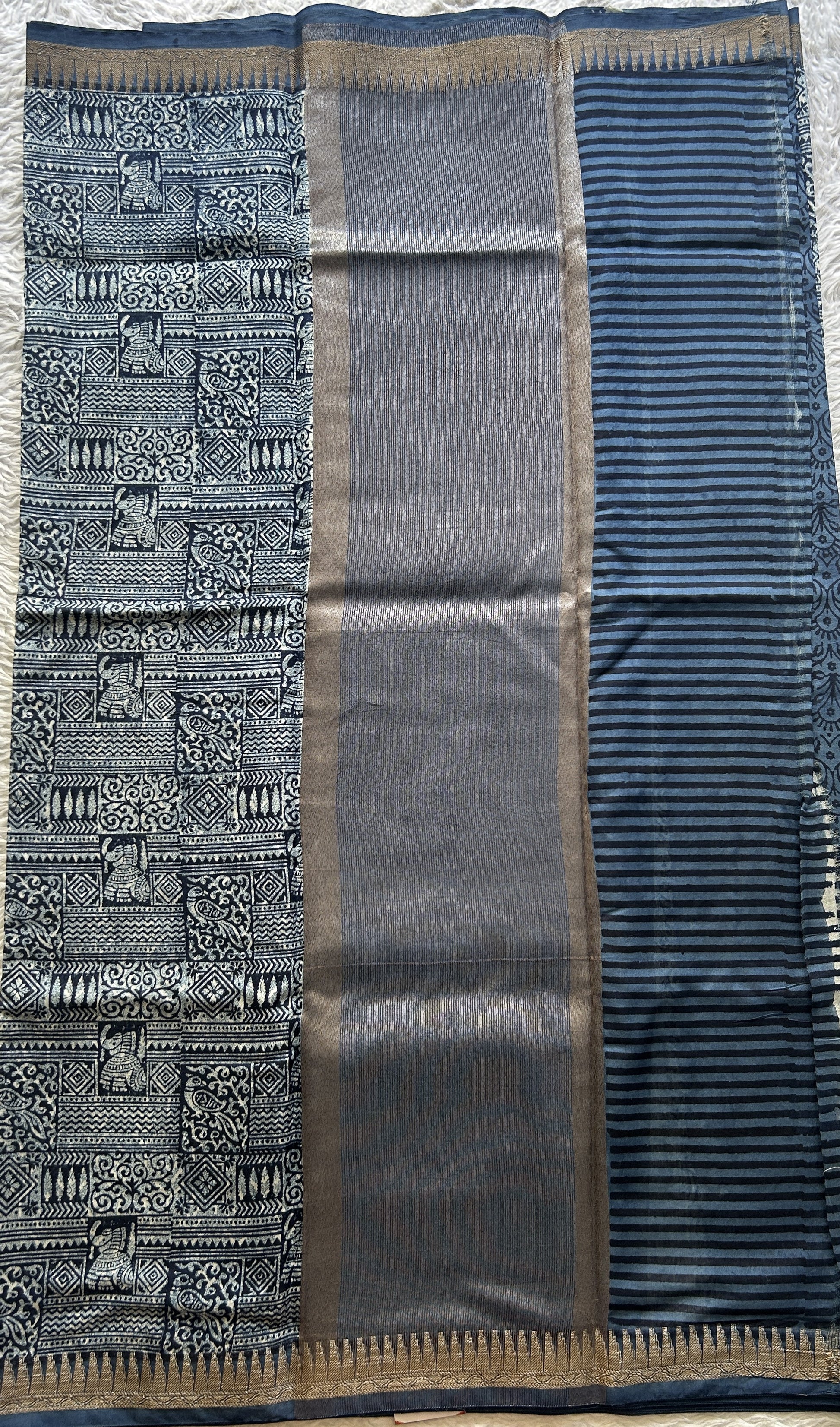 Maheshwari Chanderi Cotton Saree Indigo Colored Elegantly Paired with a Zari Border. - Sampradaya Designer Studio