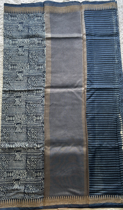 Maheshwari Chanderi Cotton Saree Indigo Colored Elegantly Paired with a Zari Border. - Sampradaya Designer Studio