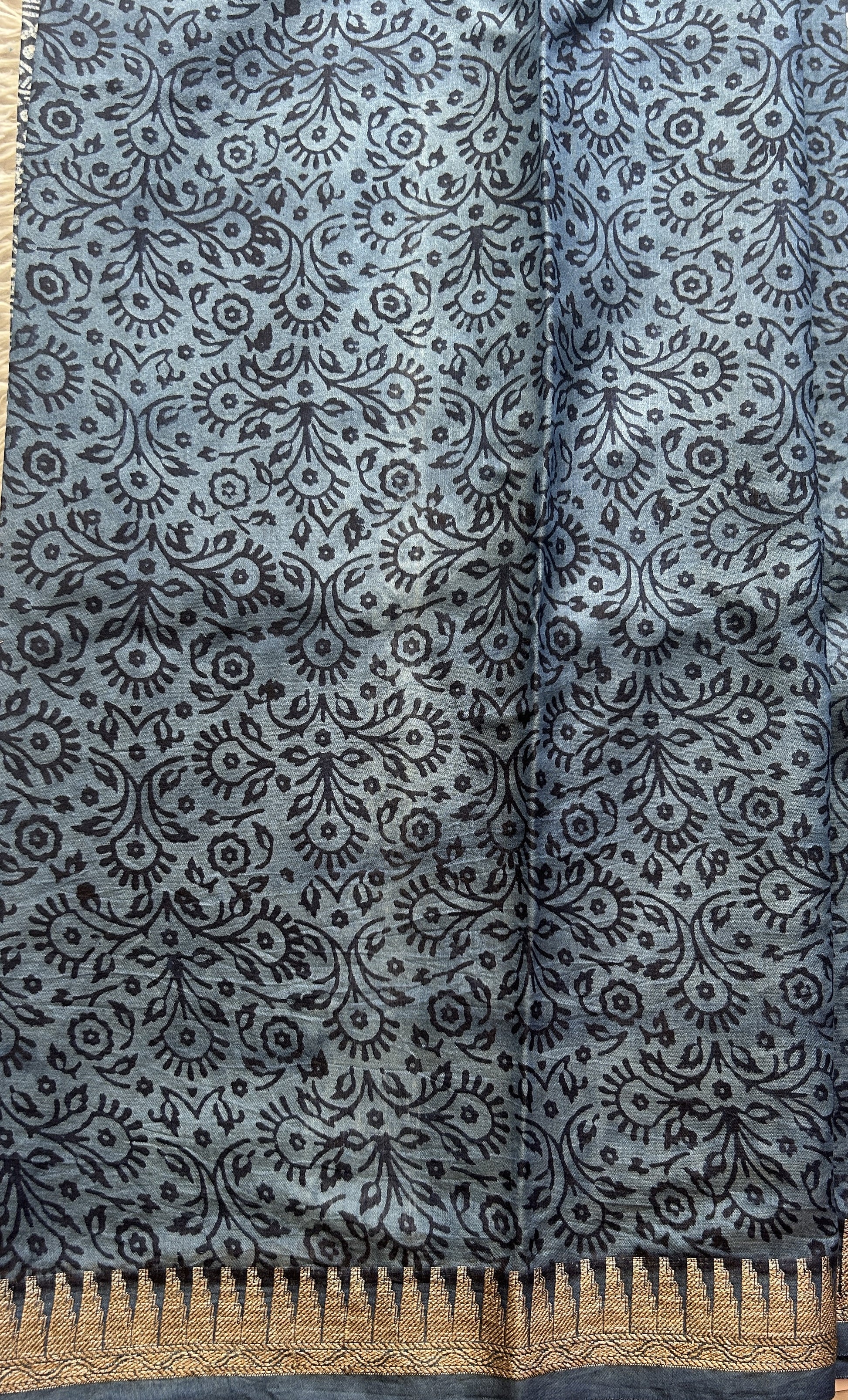 Maheshwari Chanderi Cotton Saree Indigo Colored Elegantly Paired with a Zari Border. - Sampradaya Designer Studio