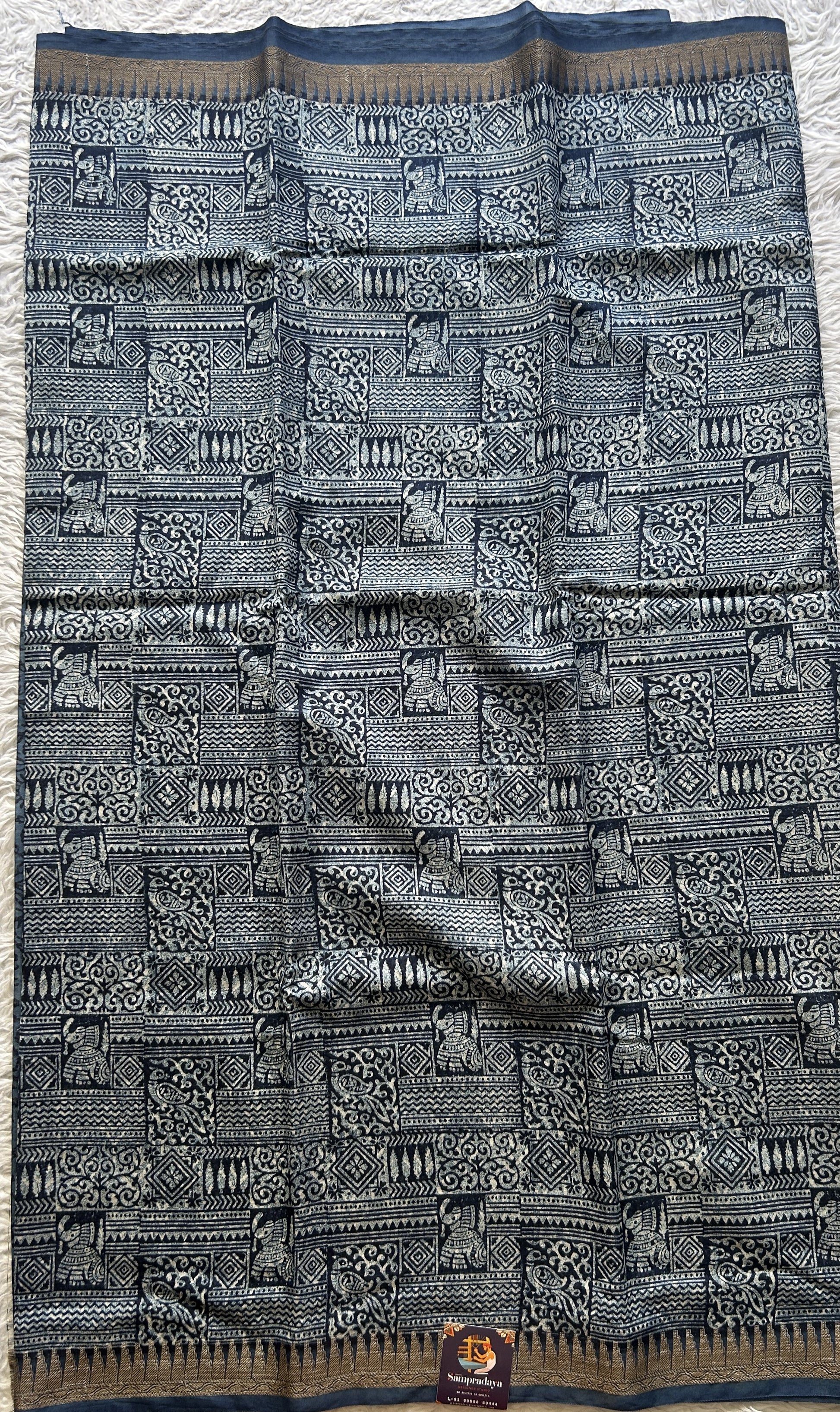 Maheshwari Chanderi Cotton Saree Indigo Colored Elegantly Paired with a Zari Border. - Sampradaya Designer Studio