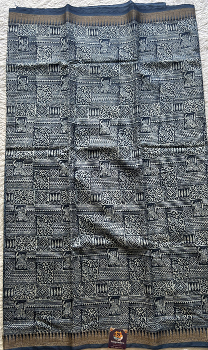 Maheshwari Chanderi Cotton Saree Indigo Colored Elegantly Paired with a Zari Border. - Sampradaya Designer Studio