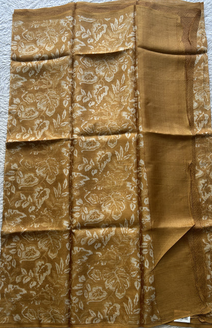 Pure Tussar Silk Saree Mustard Color Complemented with a Borderless. - Sampradaya Designer Studio