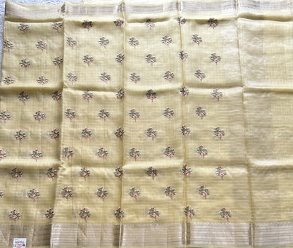 Banarasi Kora Saree Banana Yellow Colored Complemented with a Silver Zari Border.
