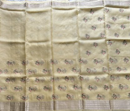 Banarasi Kora Saree Banana Yellow Colored Complemented with a Silver Zari Border.